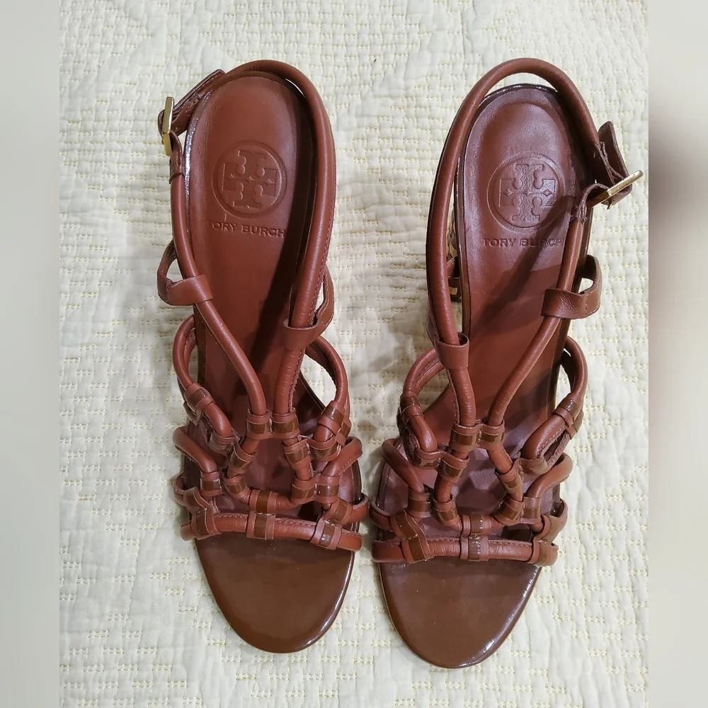 Tory Burch Layce Strappy Brown Leather Woven Block Heel Sandals Size 9,5